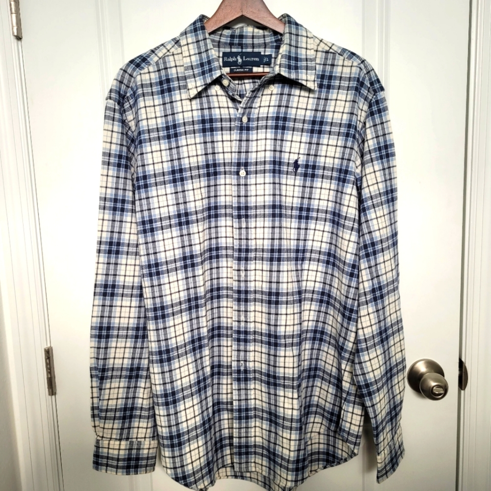 Ralph Lauren Blue Long-Sleeved Cotton Flannel Button Down Classic Fit Large